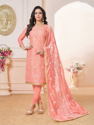 Add This Very Beautiful And Designer Straight Cut Suit In All Over Peach Color. Its Heavy Embroidered Top And Dupatta Are Fabricated On Modal Silk Paired With Cotton Fabricated Bottom. Buy This Dress Material And Get This Stitched As Per Your Desired Fit And Comfort. 