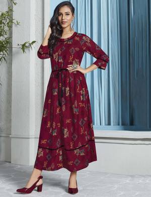 Enhance Your Personality Wearing This Designer Readymade Long Kurti In Maroon Color Fabricated On Rayon. This Pretty Kurti Is Soft Towards Skin And Ensures superb Comfort all Day Long. Buy Now.