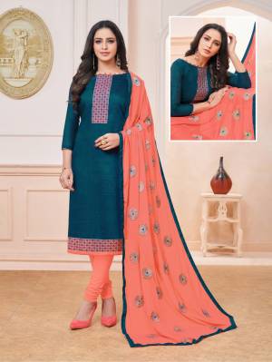 Enhance Your Personality Wearing This Designer Straight Suit In Blue Colored Top Paired With Contrasting Orange Colored Bottom And Dupatta. Its Top Is Silk Based Paired With Cotton Bottom And Chiffon Fabricated Embroidered Dupatta. Buy Now.