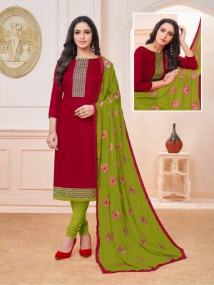 Enhance Your Personality Wearing This Designer Straight Suit In Maroon Colored Top Paired With Contrasting Green Colored Bottom And Dupatta. Its Top Is Silk Based Paired With Cotton Bottom And Chiffon Fabricated Embroidered Dupatta. Buy Now.