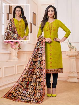 Here Is A Dress Material In Pear Green And Black Color. Its Top Is Fabricated on Art Silk Paired With Cotton Bottom And Soft Silk Fabricated Digital Printed Dupatta. Get This Stitched As Per Your Desired Fit And Comfort. 