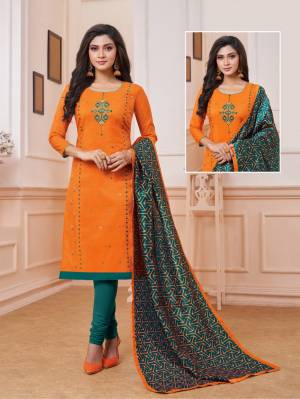 Celebrate This Festive Season With Beauty And Comfort Wearing This Designer Straight Suit In Orange Color Paired With Contrasting Teal Green Colored Bottom And Dupatta. Its Top Is Fabricated On Art Silk Paired With Cotton Bottom And Soft Silk Dupatta. 