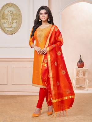 Grab This Pretty Dress Material For Your Semi-Casuals In Shades Of Orange . Its Embroidered Top Is Fabricated On Art Silk Paired With Cotton Bottom And Art Silk Fabricated Embroidered Dupatta. Buy Now
