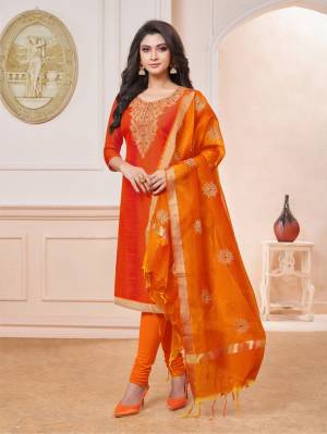 Grab This Pretty Dress Material For Your Semi-Casuals In Shades Of Orange . Its Embroidered Top Is Fabricated On Art Silk Paired With Cotton Bottom And Art Silk Fabricated Embroidered Dupatta. Buy Now