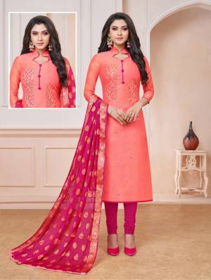 Look Pretty Wearing This Designer Straight Suit In Dark Peach Color Paired With Rani Pink Colored Bottom And Dupatta. Its Top Is Fabricated On Modal Silk Paired With Cotton Bottom And Banarasi Art Silk Weaved Dupatta. Buy Now.