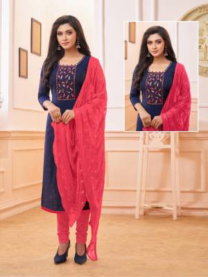Celebrate This Festive Season With Beauty And Comfort Wearing This Straight Suit In Navy Blue And Dark Pink Color. Its Top And Bottom Are Cotton Based Paired With Chiffon Fabricated Dupatta. 