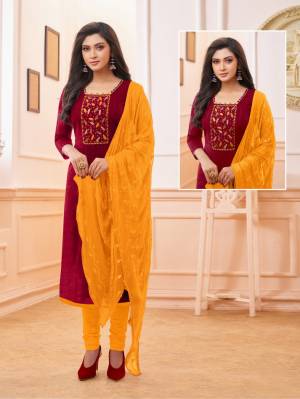 Celebrate This Festive Season With Beauty And Comfort Wearing This Straight Suit In Maroon And Musturd Yellow Color. Its Top And Bottom Are Cotton Based Paired With Chiffon Fabricated Dupatta. 