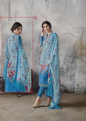 Simple And Elegant Designer Suit Is Here In Lakhnavi Work with Digital Prints. This Suit Is In All Over Blue Color Whose Top Is Georgette Based Paired With Santoon Bottom And Chiffon Fabricated Dupatta. 