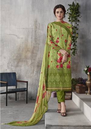 Celebrate This Festive Season With Beauty And Comfort Wearing This Designer Straight Cut Suit In Green Color. Its Pretty Georgette Based Top Is Beautified With Digital Prints And Lakhnavi Work Paired With Santoon Bottom And Chiffon fabricated Digital Printed Dupatta. Buy This Semi-Stitched Suit Now.