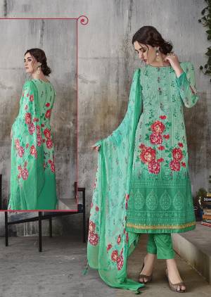 Simple And Elegant Designer Suit Is Here In Lakhnavi Work with Digital Prints. This Suit Is In All Over Sea Green Color Whose Top Is Georgette Based Paired With Santoon Bottom And Chiffon Fabricated Dupatta. 