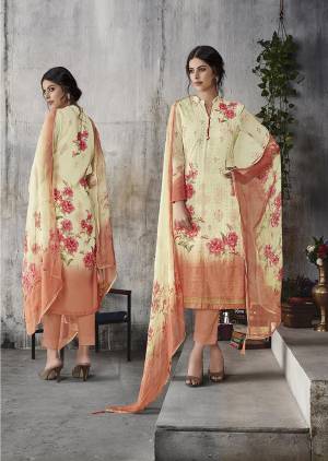 This Festive Season Look The Most Elegant Of All Wearing This Designer Straight Suit In Cream Colored Top And Dupatta Paired With Peach Colored Bottom. Its Lakhnavi Embroidered Top IS Fabricated On Georgette Paired With Santoon Bottom And Chiffon Fabricated Dupatta Beautified With Digital Prints. 