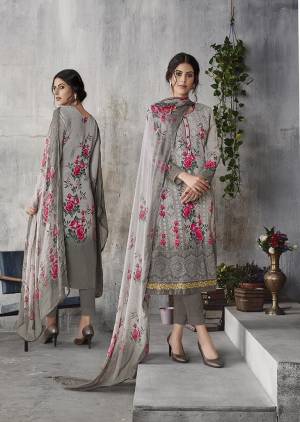 Celebrate This Festive Season With Beauty And Comfort Wearing This Designer Straight Cut Suit In Grey Color. Its Pretty Georgette Based Top Is Beautified With Digital Prints And Lakhnavi Work Paired With Santoon Bottom And Chiffon fabricated Digital Printed Dupatta. Buy This Semi-Stitched Suit Now.