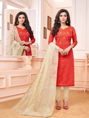 Enhance Your Personality Wearing This Designer Staright Suit In Orange Colored Top Paired With Cream Colored Bottom And Dupatta. Its Top And Bottom Are Cotton Based Paired With Embroidered Cotton Silk Dupatta. 