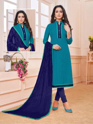 Add Some Semi-Casuals To Your Wardrobe With This Designer Straight Suit In Blue Colored Top Paired With Contrasting Royal Blue Colored Bottom And Dupatta. This Dress Material IS Cotton Based Paired With Chiffon Fabricated Embroidered Dupatta. Buy Now.