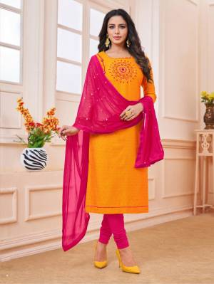 Celebrate This Festive Season With Beauty And Comfort Wearing This Designer Straight Suit In Orange Colored Top Paired With Contrasting Dark Pink Colored Dupatta. This Dress Material IS Cotton Based Paired With Chiffon Dupatta, Get This Stitched As per Your Desired Fit And Comfort. 