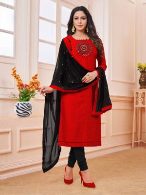 Celebrate This Festive Season With Beauty And Comfort Wearing This Designer Straight Suit In Red Colored Top Paired With Black Colored Dupatta. This Dress Material IS Cotton Based Paired With Chiffon Dupatta, Get This Stitched As per Your Desired Fit And Comfort. 