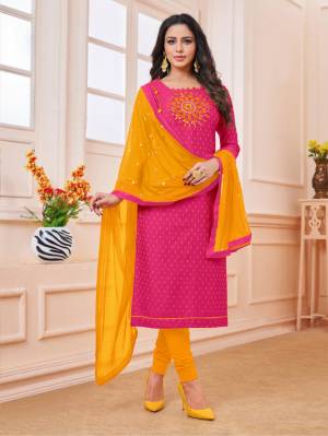 Celebrate This Festive Season With Beauty And Comfort Wearing This Designer Straight Suit In Dark Pink Colored Top Paired With Contrasting Musturd Yellow Colored Dupatta. This Dress Material IS Cotton Based Paired With Chiffon Dupatta, Get This Stitched As per Your Desired Fit And Comfort. 