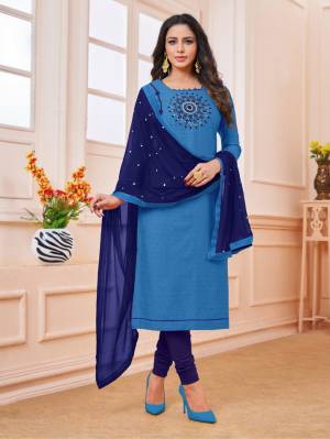 Celebrate This Festive Season With Beauty And Comfort Wearing This Designer Straight Suit In Blue Colored Top Paired With Navy Blue Colored Dupatta. This Dress Material IS Cotton Based Paired With Chiffon Dupatta, Get This Stitched As per Your Desired Fit And Comfort. 