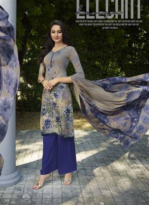 Grab This Pretty Digital Printed Dress Material In Grey And Dark Blue Color. Its Top And Bottom Are Fabricated On Crepe Paired With Georgette Fabricated Dupatta. Get This Stitched As Per Your Desired Fit And Comfort. 