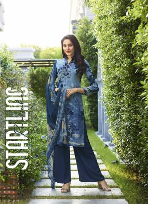 For Your Semi-Casuals, Grab This Pretty Straight Suit In Blue Color. Its Top And Bottom Are Fabricated On Crepe Paired With Georgette Fabricated Dupatta. Buy This Dress Material Now.