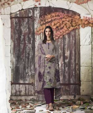 Grab This Pretty Digital Printed Dress Material In Grey And Purple Color. Its Top And Bottom Are Fabricated On Crepe Paired With Georgette Fabricated Dupatta. Get This Stitched As Per Your Desired Fit And Comfort. 