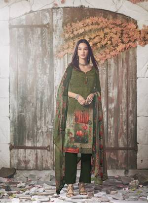 For Your Semi-Casuals, Grab This Pretty Straight Suit In Olive Green Color. Its Top And Bottom Are Fabricated On Crepe Paired With Georgette Fabricated Dupatta. Buy This Dress Material Now.