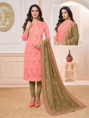 For Your Semi-Casuals, Grab This Designer Straight Suit In Pink Colored Top Paired With Contrasting Olive Green Colored Bottom And Dupatta. Its Top IS Modal Silk Based Paired With Cotton Bottom And Chiffon Fabricated Dupatta. 