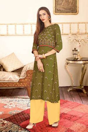 Beat The Heat This Summer With These Readymade Pair Of Kurti And Plazzo In Olive Green And Yellow Color. This Kurti And Plazzo Are Fabricated on Rayon Cotton And Available In All Sizes, Choose As Per Your Desired Fit And Comfort. Buy Now.