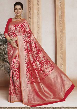 Celebrate This Festive Season In Traditional Look Wearing This Designer Saree In Red Color . This Saree And Blouse Are Fabricated On Soft Art Silk Beautified With Weave All Over. It Is Light Weight, Durable And Easy To Carry All Day Long. 