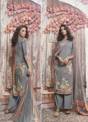 Look Pretty In This Designer Digital Printed Suit In Light Grey Color. Get This Crepe Based Dress Material Stitched As Per Your Desired Fit And Comfort. Buy This Pretty Dress Material Now.
