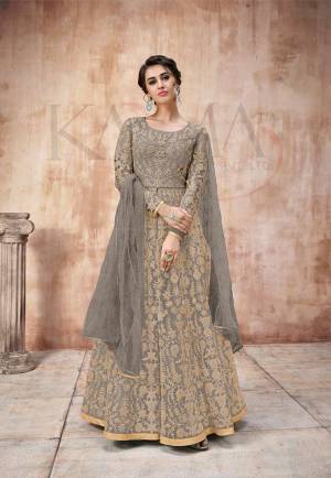 Add This Very Pretty Heavy Designer Floor Length Suit To Your Wardrobe In All Over Grey Color. Its Heavy Embroidered Top IS Fabricated On Net Paired With Satin Silk Bottom And Net Fabricated Dupatta. It Is Light In Weight And Easy To Carry Throughout The Gala. Buy Now.