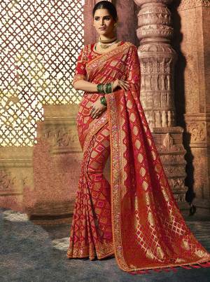 This Festive And Wedding Season, Be The Most Attractive One In This Heavy Designer Saree In Red Color Paired With Red Colored Blouse. This Saree And Blouse Are Silk Based Beautified With Heavy Weave And Embroidery. 