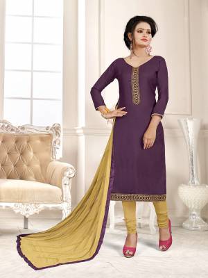 Here Is A Pretty Dress Material For Your Casual Or Semi-Casual Wear In Purple And Beige Color. Its Top Is Fabricated On Cotton Slub Paired With Cotton Bottom And Chiffon Fabricated Dupatta. Get This Stitched As Per Your Desired Fit And Comfort. 
