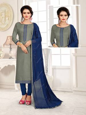 Get This Dress Material For Your Casual Or Semi-Casual Wear In Blue And Grey Color And Get This Stitched As Per Your Desired Fit And Comfort. Its Thread Embroidered Top IS Fabricated On Cotton Slub Paired With Cotton Bottom And Chiffon Fabricated Dupatta beautified With Thread Work. 