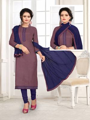If Those Readymade Suit Does Not Lend You The Desired Comfort, Than Grab This Pretty Dress Material In Mauve And Dark Blue And Get This Stitched As Per Your Desired Fit And Comfort. Its Top Is Fabricated On Cotton Slub Paired With Cotton Bottom And Chiffon Fabricated Dupatta. 