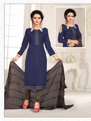 Get This Dress Material For Your Casual Or Semi-Casual Wear In Navy Blue And Dark Grey Color And Get This Stitched As Per Your Desired Fit And Comfort. Its Thread Embroidered Top IS Fabricated On Cotton Slub Paired With Cotton Bottom And Chiffon Fabricated Dupatta beautified With Thread Work. 