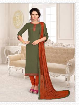 Simple and Elegant Looking Suit Is Here In Olive Green And Dark Orange Color. This Dress Material Is Cotton Based Paired With Chiffon Fabricated Dupatta. Its Top And Dupatta Are Beautified With Subtle Thread Work Giving An Elegant Look. 