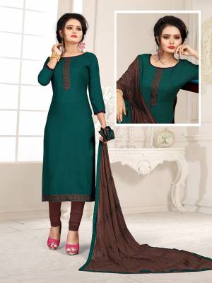 If Those Readymade Suit Does Not Lend You The Desired Comfort, Than Grab This Pretty Dress Material In Teal Blue And Dark Brown And Get This Stitched As Per Your Desired Fit And Comfort. Its Top Is Fabricated On Cotton Slub Paired With Cotton Bottom And Chiffon Fabricated Dupatta. 