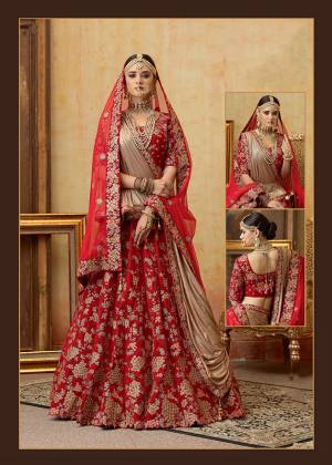 Be The Prettiest Bride Wearing This Very Beautiful And Heavy Embroidered Designer Bridal Lehenga Choli In Red Color Paired With Red Colored Dupatta. This Lehenga Choli Is Velvet Based Paired With Net Fabricated Dupatta. Buy This Beautiful Lehenga Choli Now.