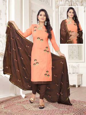 Get This Dress Material For Your Casual Or Semi-Casual Wear In Light Orange And Brown Color And Get This Stitched As Per Your Desired Fit And Comfort. Its Thread Embroidered Top Is Fabricated On Cotton Slub Paired With Cotton Bottom And Cotton Silk Fabricated Dupatta beautified With Thread Work.