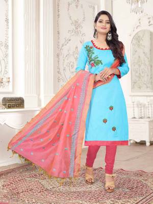 Here Is A Pretty Dress Material For Your Casual Or Semi-Casual Wear In Sky Blue And Pink Color. Its Top Is Fabricated On Cotton Slub Paired With Cotton Bottom And Cotton Silk Fabricated Dupatta. Get This Stitched As Per Your Desired Fit And Comfort.