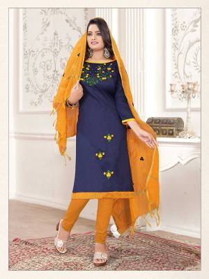 If Those Readymade Suit Does Not Lend You The Desired Comfort, Than Grab This Pretty Dress Material In Navy Blue And Musturd Yellow Color And Get This Stitched As Per Your Desired Fit And Comfort. Its Top Is Fabricated On Cotton Slub Paired With Cotton Bottom And Cotton Silk Fabricated Dupatta.