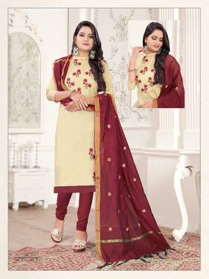 Simple and Elegant Looking Suit Is Here In Cream And Maroon Color. This Dress Material Is Cotton Based Paired With Cotton Silk Fabricated Dupatta. Its Top And Dupatta Are Beautified With Subtle Thread Work Giving An Elegant Look.