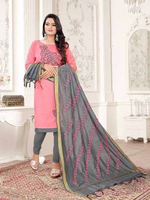 Get This Dress Material For Your Casual Or Semi-Casual Wear In Light Pink And Grey Color And Get This Stitched As Per Your Desired Fit And Comfort. Its Thread Embroidered Top Is Fabricated On Cotton Slub Paired With Cotton Bottom And Cotton Silk Fabricated Dupatta beautified With Thread Work.