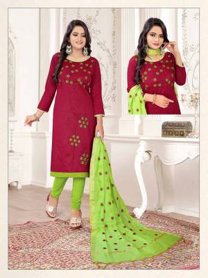 Simple and Elegant Looking Suit Is Here In Magenta Pink And Green Color. This Dress Material Is Cotton Based Paired With Cotton Silk Fabricated Dupatta. Its Top And Dupatta Are Beautified With Subtle Thread Work Giving An Elegant Look.