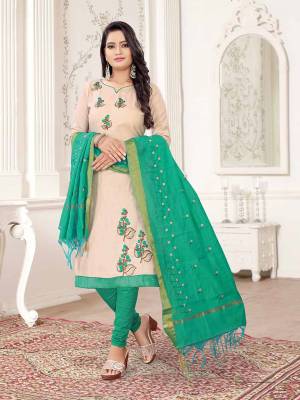 Get This Dress Material For Your Casual Or Semi-Casual Wear In Off-White And Sea Green Color And Get This Stitched As Per Your Desired Fit And Comfort. Its Thread Embroidered Top Is Fabricated On Cotton Slub Paired With Cotton Bottom And Cotton Silk Fabricated Dupatta beautified With Thread Work.
