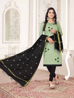 Here Is A Pretty Dress Material For Your Casual Or Semi-Casual Wear In Pastel Green And Black Color. Its Top Is Fabricated On Cotton Slub Paired With Cotton Bottom And Cotton Silk Fabricated Dupatta. Get This Stitched As Per Your Desired Fit And Comfort.