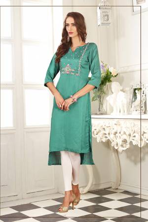 For Your Semi-Casuals, Grab This Readymade Pretty Kurti In Sea Green Color Fabricated On Soft Satin Silk. It Is Beautified With Contrasting Thread Work and Also It Is Light Weight And Easy To Carry All Day Long. 