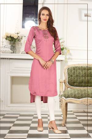 Look Pretty In This Readymade High Low Patterend Straight Kurti In Pink Color. It Is Fabricated On Soft Satin Silk Beautified With Thread Work. 