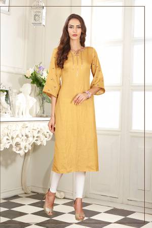 Celebrate This Festive Season With Beauty And Comfort Wearing This Readymade Straight Cut Kurti In Musturd Yellow Color Fabricated On Soft Satin Silk. It Has Pretty Elegant Embroidery Giving An Enhanced Look To The Kurti. 